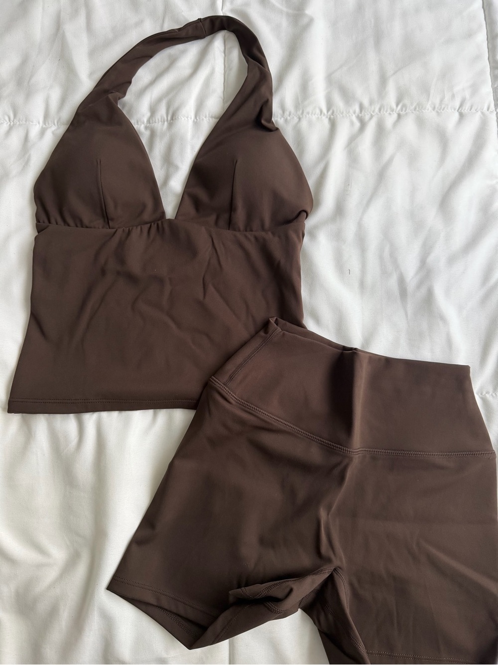Etérea Halter Crop Top and High-Waist Shorts Set - Chocolate Brown